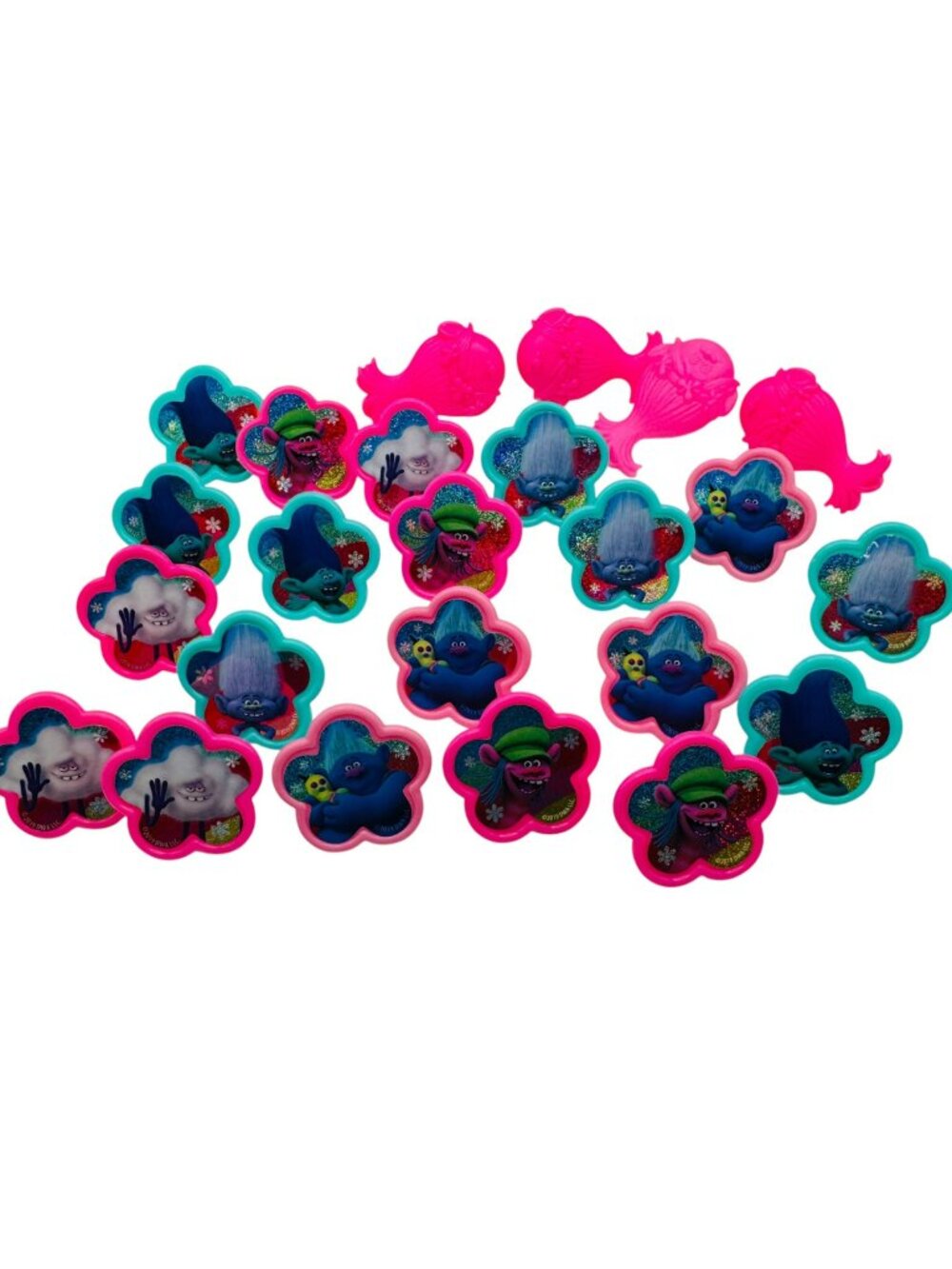 Trolls Plastic Party Favor Rings 24-Piece Set Pink & Teal Glittery Design